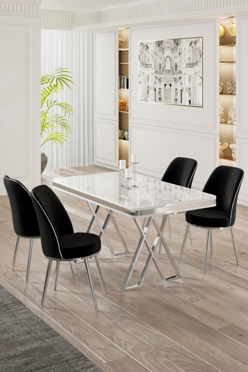 Set masă și scaune (5 bucăți), Hanah Home, Vals, Alb / Crom / Negru