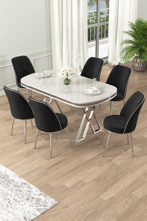 Set masă și scaune (7 piese), Hanah Home, Lai, Alb / Crom / Negru