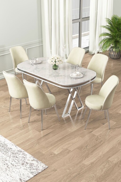 Set masă și scaune (7 piese), Hanah Home, Lai, Alb / Crom / Crem