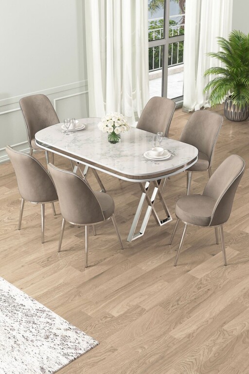 Set masă și scaune (7 piese), Hanah Home, Lai, Alb / Crom / Cappuccino
