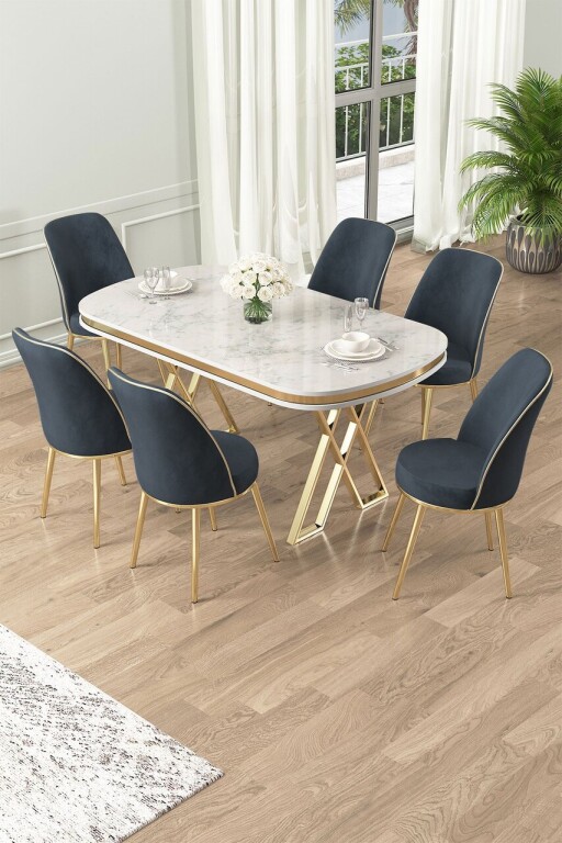 Set masă și scaune (7 piese), Hanah Home, Lai, Alb / Auriu / Antracit