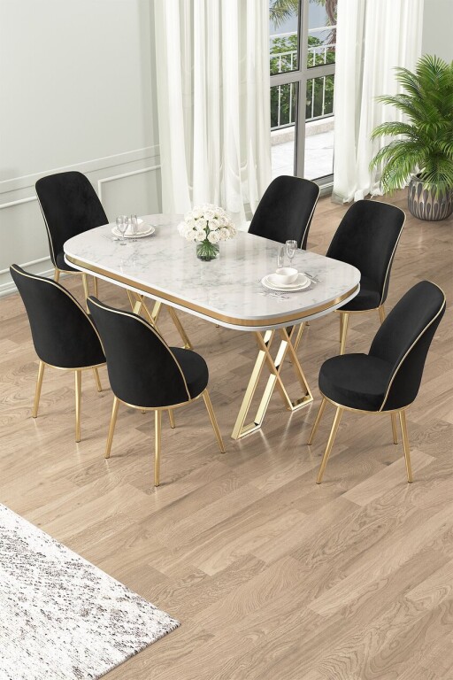 Set masă și scaune (7 piese), Hanah Home, Lai, Alb / Auriu / Negru