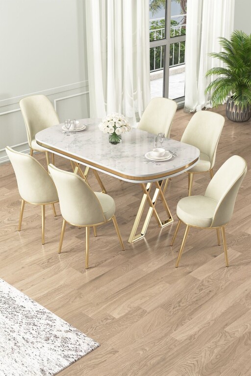 Set masă și scaune (7 piese), Hanah Home, Lai, Alb / Auriu / Crem