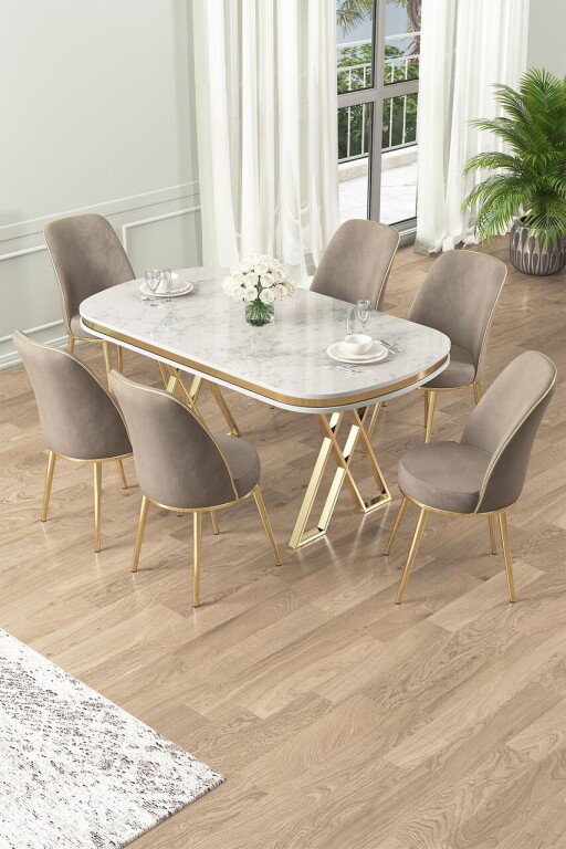 Set masă și scaune (7 piese), Hanah Home, Lai, Alb / Auriu / Cappuccino