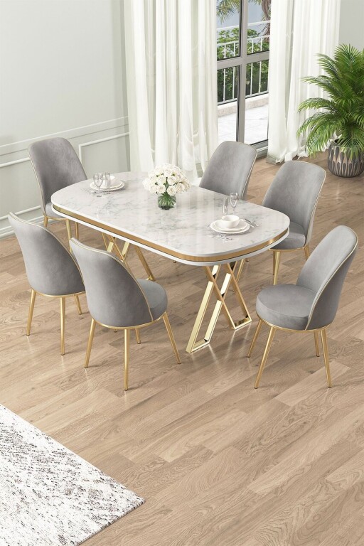 Set masă și scaune (7 piese), Hanah Home, Lai, Alb / Auriu / Gri