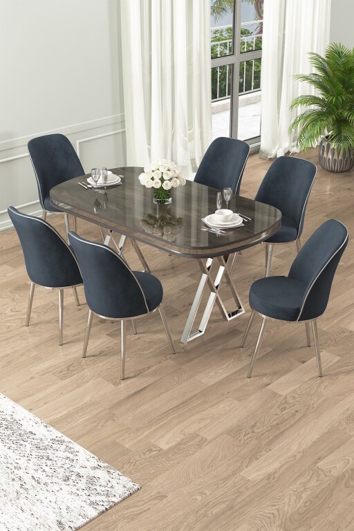 Set masă și scaune (7 piese), Hanah Home, Lai, Antracit / Crom