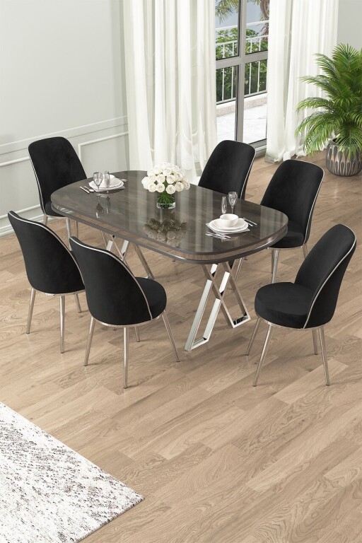 Set masă și scaune (7 piese), Hanah Home, Lai, Antracit / Crom / Negru