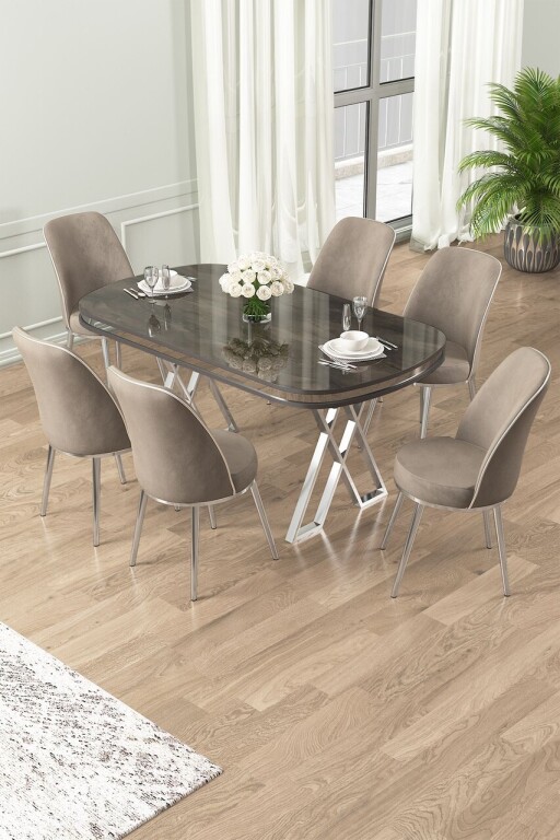 Set masă și scaune (7 piese), Hanah Home, Lai, Antracit / Crom / Cappuccino