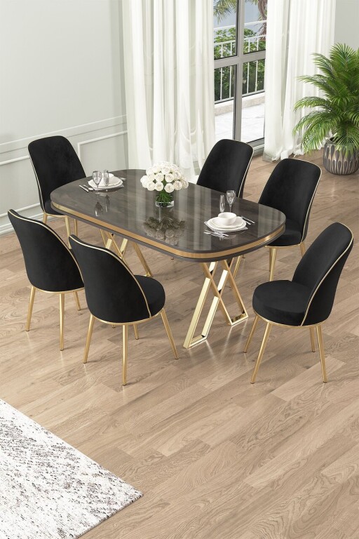 Set masă și scaune (7 piese), Hanah Home, Lai, Antracit / Aur / Negru