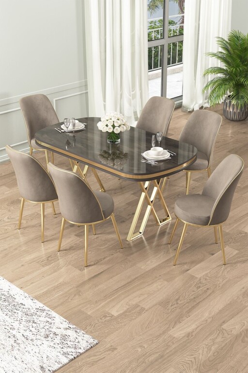 Set masă și scaune (7 piese), Hanah Home, Lai, Antracit / Auriu / Cappuccino