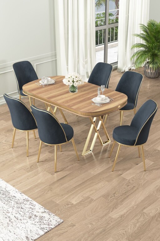 Set masă și scaune (7 piese), Hanah Home, Lai, Nuc deschis / Auriu / Antracit