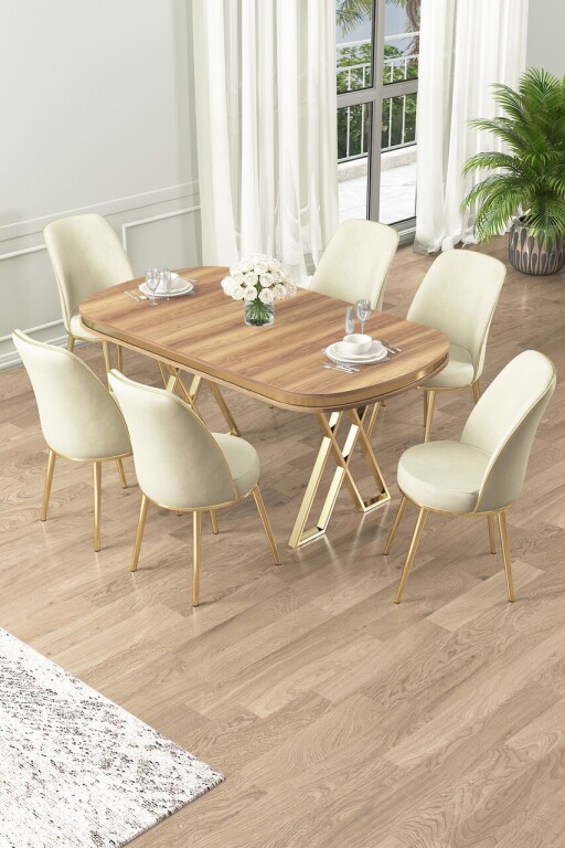 Set masă și scaune (7 piese), Hanah Home, Lai, Nuc deschis / Auriu / Crem