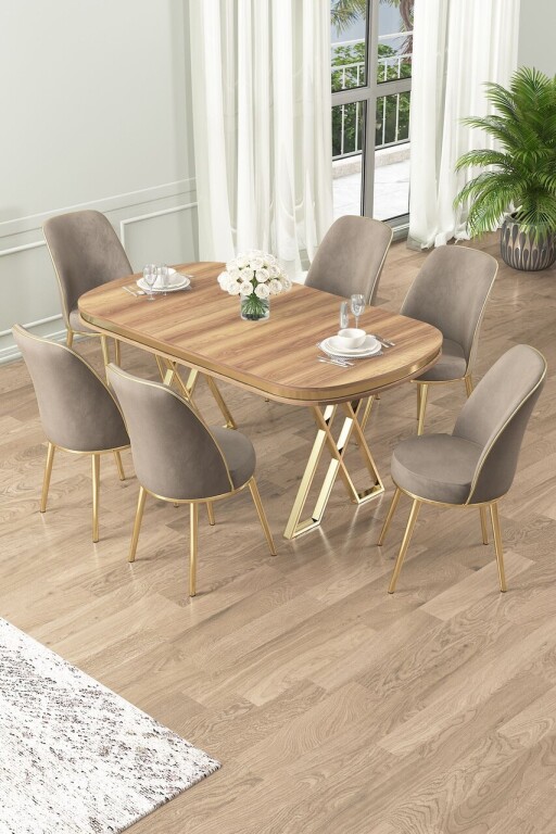 Set masă și scaune (7 piese), Hanah Home, Lai, Nuc deschis / Auriu / Cappuccino