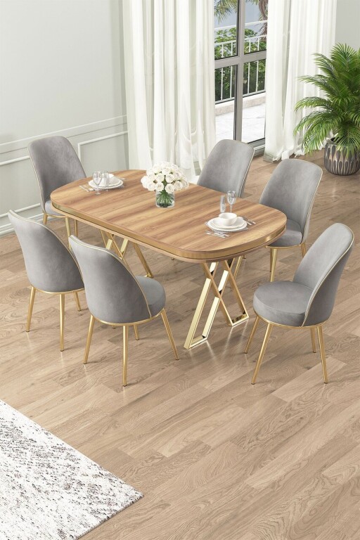 Set masă și scaune (7 piese), Hanah Home, Lai, Nuc deschis / Auriu / Gri