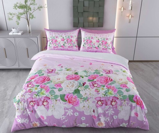 Lenjerie de pat pentru o persoana (FR), 2 piese, L'essentiel Maison, Fleur, Bumbac;Poliester, Roz / Mov / Verde / Alb