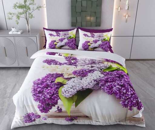 Lenjerie de pat pentru o persoana Single XXL (DE), 2 piese, L'essentiel Maison, Wildflowers, Bumbac;Poliester, Alb/Mov/Verde