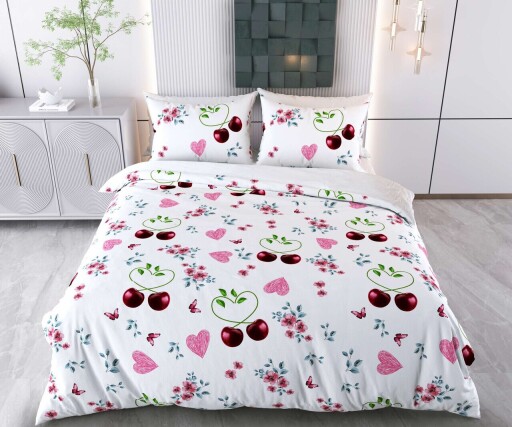 Lenjerie de pat dubla King (FR), 3 piese, L'essentiel Maison, Cherry Hearts, Bumbac;Poliester, Alb / Roz / Roșu / Verde / Albastru