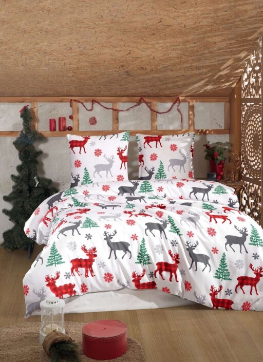Lenjerie de pat pentru o persoana Single XXL (DE), 2 piese, L'essentiel Maison, Geyik, Alb / Roșu / Verde / Gri