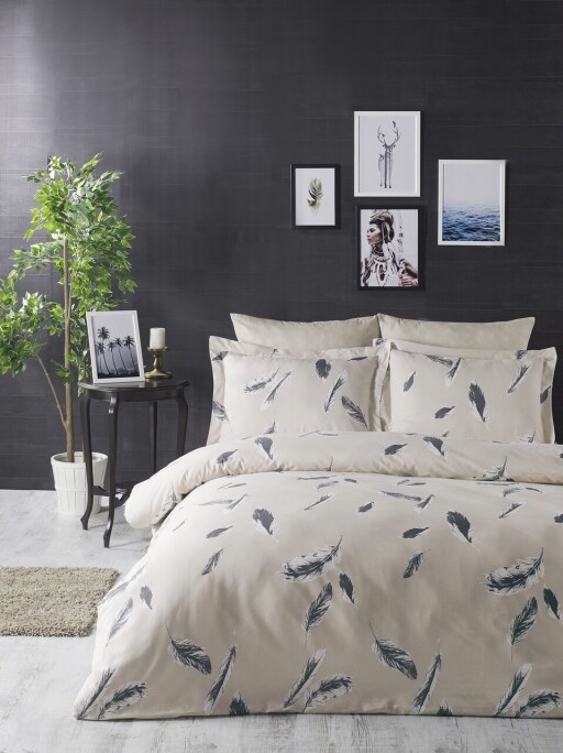 Lenjerie de pat dubla Super King (EU) (IT), L'essentiel Maison, Feather, Crem / Gri