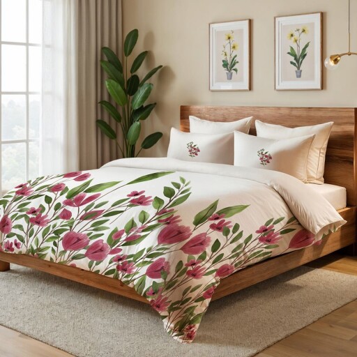 Lenjerie de pat dubla King (FR), 3 piese, L'essentiel Maison, Tulipa, Crem / Roz / Burgundia / Verde