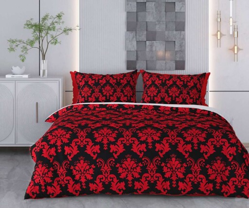 Lenjerie de pat dubla Super King (EU) (IT), 3 piese, L'essentiel Maison, Benissa, Bumbac;Poliester, Roșu/Negru