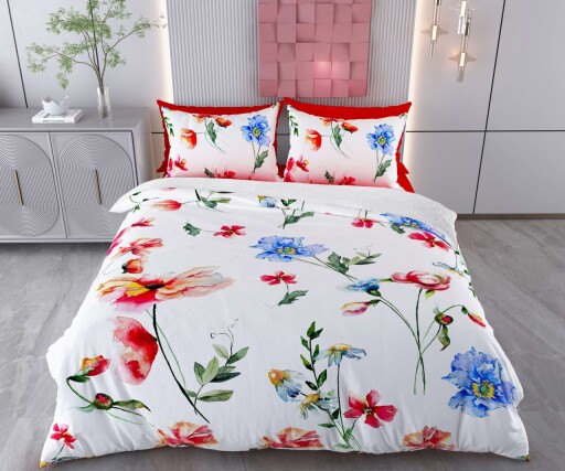 Lenjerie de pat dubla Super King (EU) (IT), 3 piese, L'essentiel Maison, Floser, Bumbac;Poliester, Alb / Roșu / Verde / Albastru