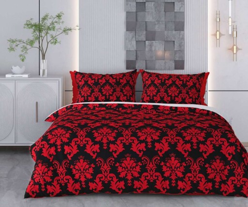 Lenjerie de pat dubla Super King (FR), 3 piese, L'essentiel Maison, Benissa, Bumbac;Poliester, Roșu/Negru