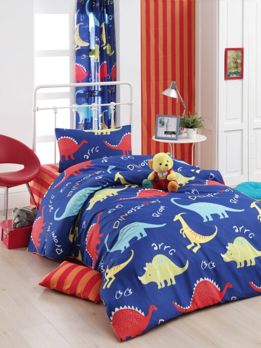 Lenjerie de pat pentru o persoana Single XXL (DE), 2 piese, L'essentiel Maison, Dinazorus, 65% bumbac/35% poliester, Albastru / Roșu / Galben