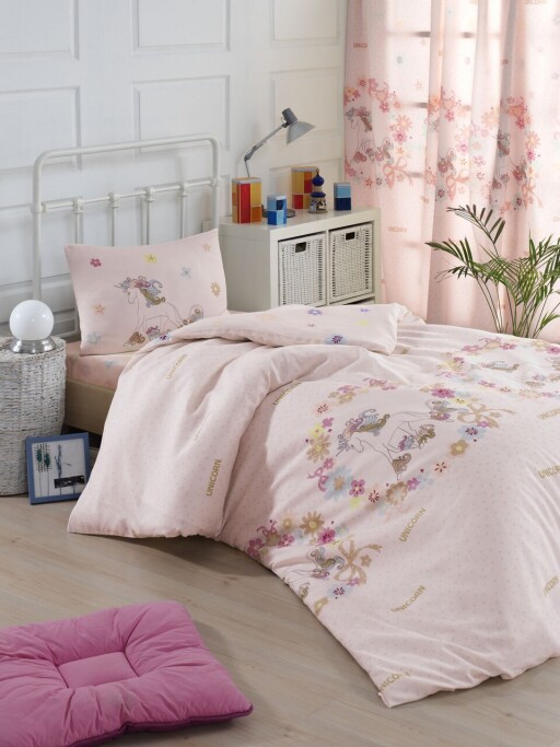 Lenjerie de pat pentru o persoana Single XXL (DE), 2 piese, L'essentiel Maison, Unicornlar, 65% bumbac/35% poliester, Roz / Bej
