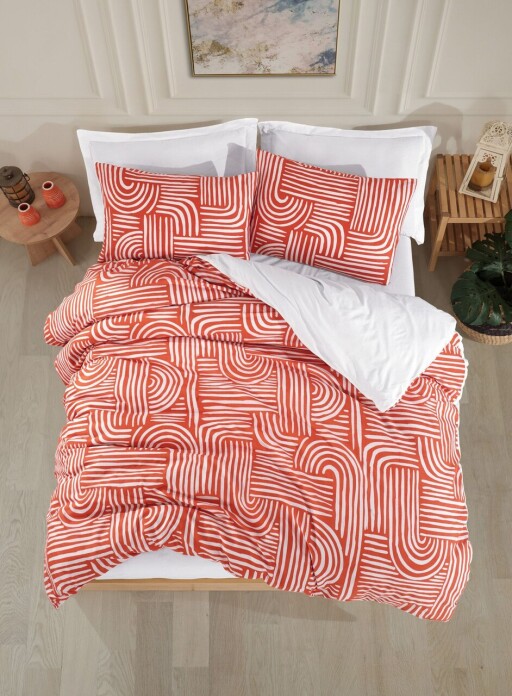 Lenjerie de pat dubla Super King (EU) (IT), 3 piese, L'essentiel Maison, Line Art, 65% bumbac/35% poliester, Caramiziu