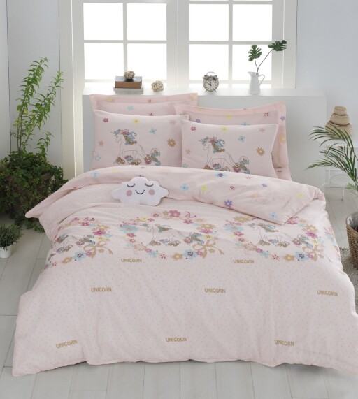 Lenjerie de pat dubla Super King (EU) (IT), 3 piese, L'essentiel Maison, Unicornlar, 65% bumbac/35% poliester, Roz / Bej