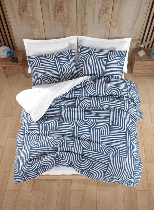 Lenjerie de pat dubla Super King (FR), 3 piese, L'essentiel Maison, Line Art, 65% bumbac/35% poliester, Albastru