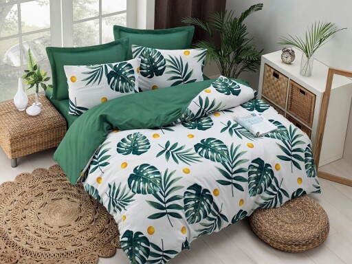 Lenjerie de pat pentru o persoana (EU) (IT), 2 piese, L'essentiel Maison, Monstera, 65% bumbac/35% poliester, Verde / Alb / Galben