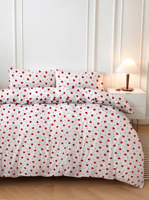 Lenjerie de pat dubla (EU) (IT), 3 piese, L'essentiel Maison, Love Heart, Rosu/Alb