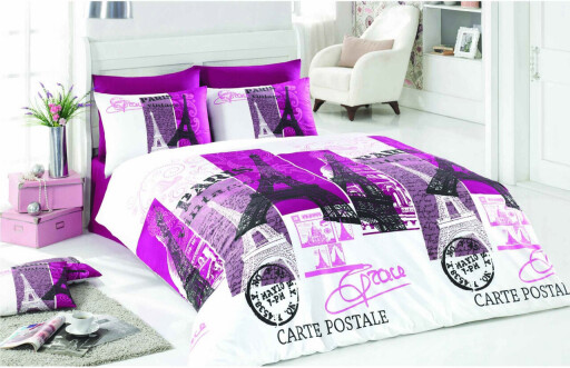 Lenjerie de pat pentru o persoana (FR), L'essentiel Maison, Paris, Alb / Fuchsia / Negru