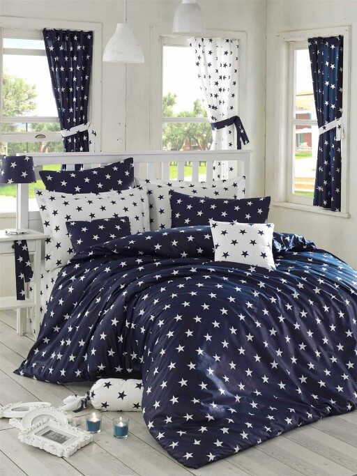 Lenjerie de pat dubla King (EU) (ES), 3 piese, L'essentiel Maison, Starz, Albastru inchis/Alb