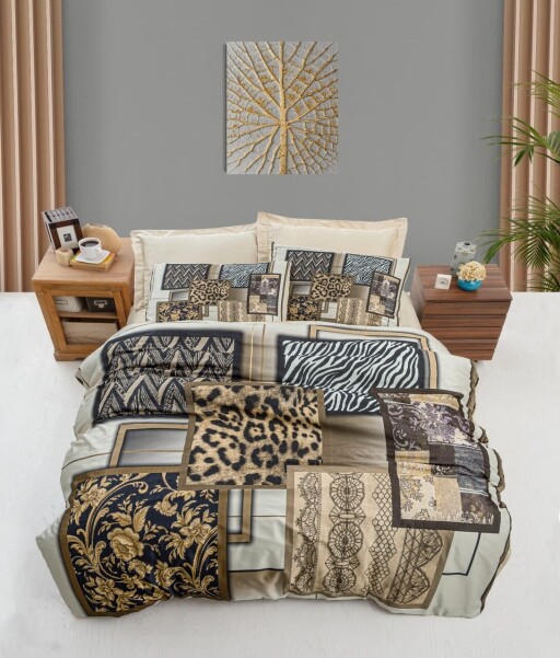 Lenjerie de pat dubla King (IT), 3 piese, L'essentiel Maison, 474, Maro / Crem / Bej / Negru