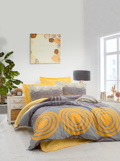 Lenjerie de pat dubla Super King (EU) (IT), 3 piese, L'essentiel Maison, 481, Galben / Gri