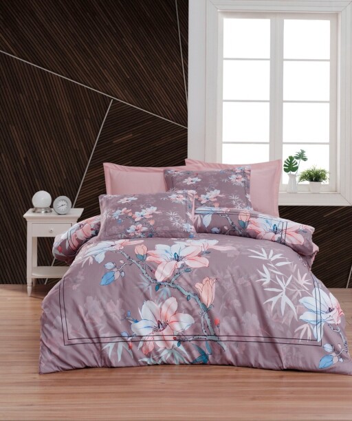 Lenjerie de pat dubla Super King (EU) (IT), 3 piese, L'essentiel Maison, 483, Pudră / Mov / Albastru / Alb