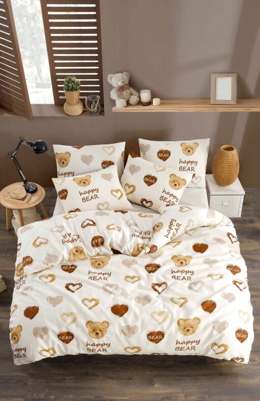 Lenjerie de pat dubla (DE), 3 piese, L'essentiel Maison, Teddy Bear Heart, Muștar / Alb / Gri / Roz
