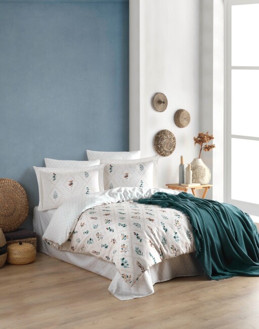 Lenjerie de pat pentru o persoana (FR), L'essentiel Maison, Ofelya, Alb/Verde