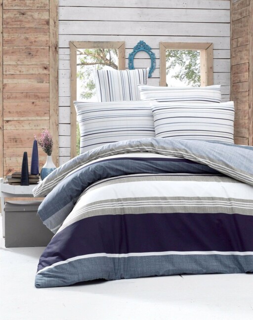 Lenjerie de pat pentru o persoana Single XXL (DE), L'essentiel Maison, Savoy, Albastru / Alb / Gri