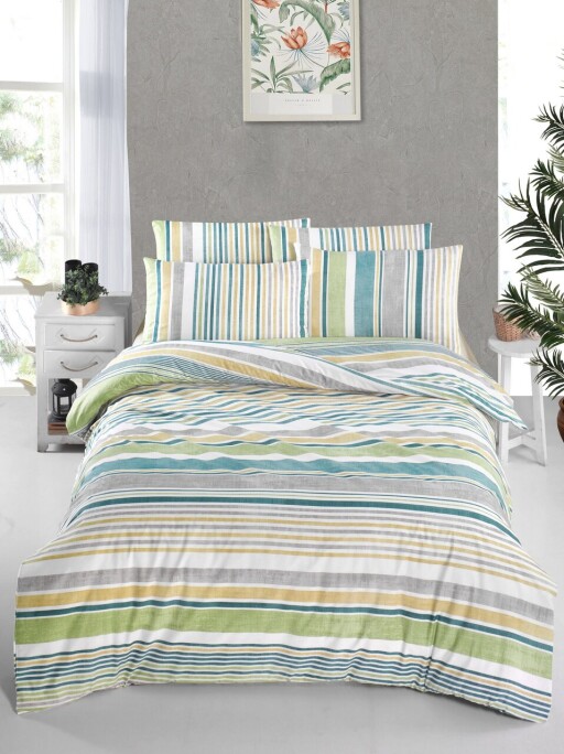 Lenjerie de pat dubla King (FR), L'essentiel Maison, Sanvi, Alb / Verde / Gri / Galben