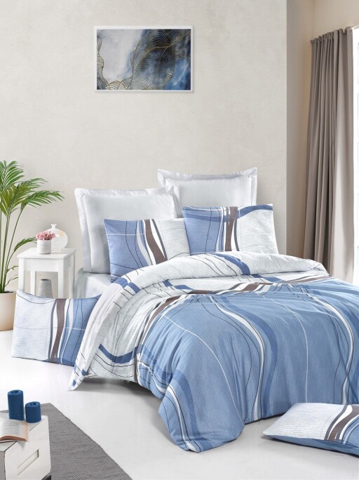 Lenjerie de pat dubla King (DE), L'essentiel Maison, Papiyan, White / Blue / Brown