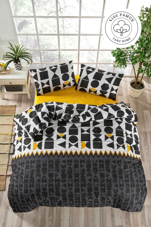 Lenjerie de pat dubla King (FR), L'essentiel Maison, Etnik, Negru / Galben / Alb