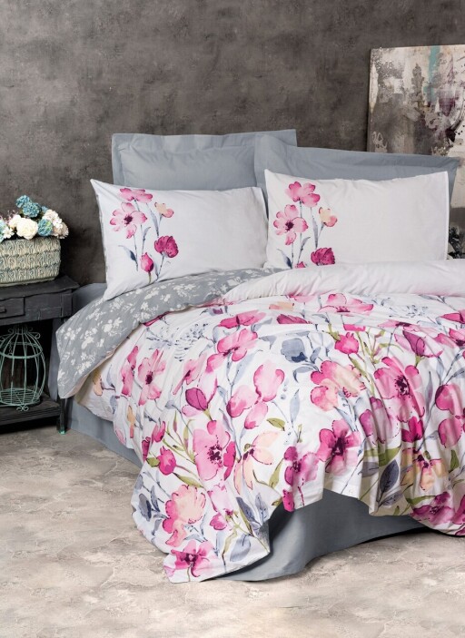 Lenjerie de pat pentru o persoana Single XXL (DE), L'essentiel Maison, Carla, Gri / Alb / Roz