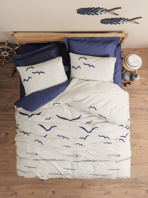 Lenjerie de pat pentru o persoana Single XXL (DE), L'essentiel Maison, Larum, Albastru inchis/Alb