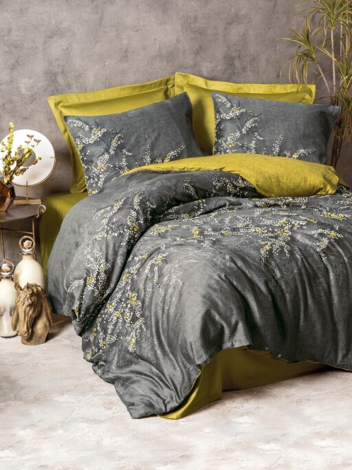 Lenjerie de pat dubla King (FR), L'essentiel Maison, Libby, Verde / Antracit