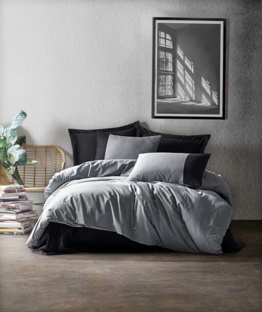 Lenjerie de pat dubla Super King (FR), L'essentiel Maison, Plain, Gri/Negru