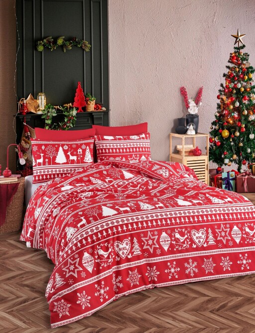 Lenjerie de pat dubla (DE), 3 piese, L'essentiel Maison, Snowmas, Roșu Claret / Alb